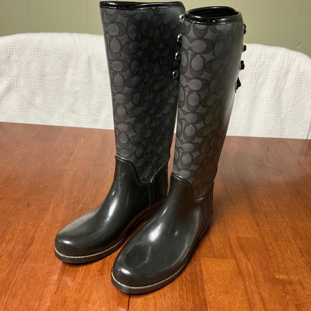 Coach Tristee Rain Boots Black Signature Monogram Lace Up Tall Women 9B A0011